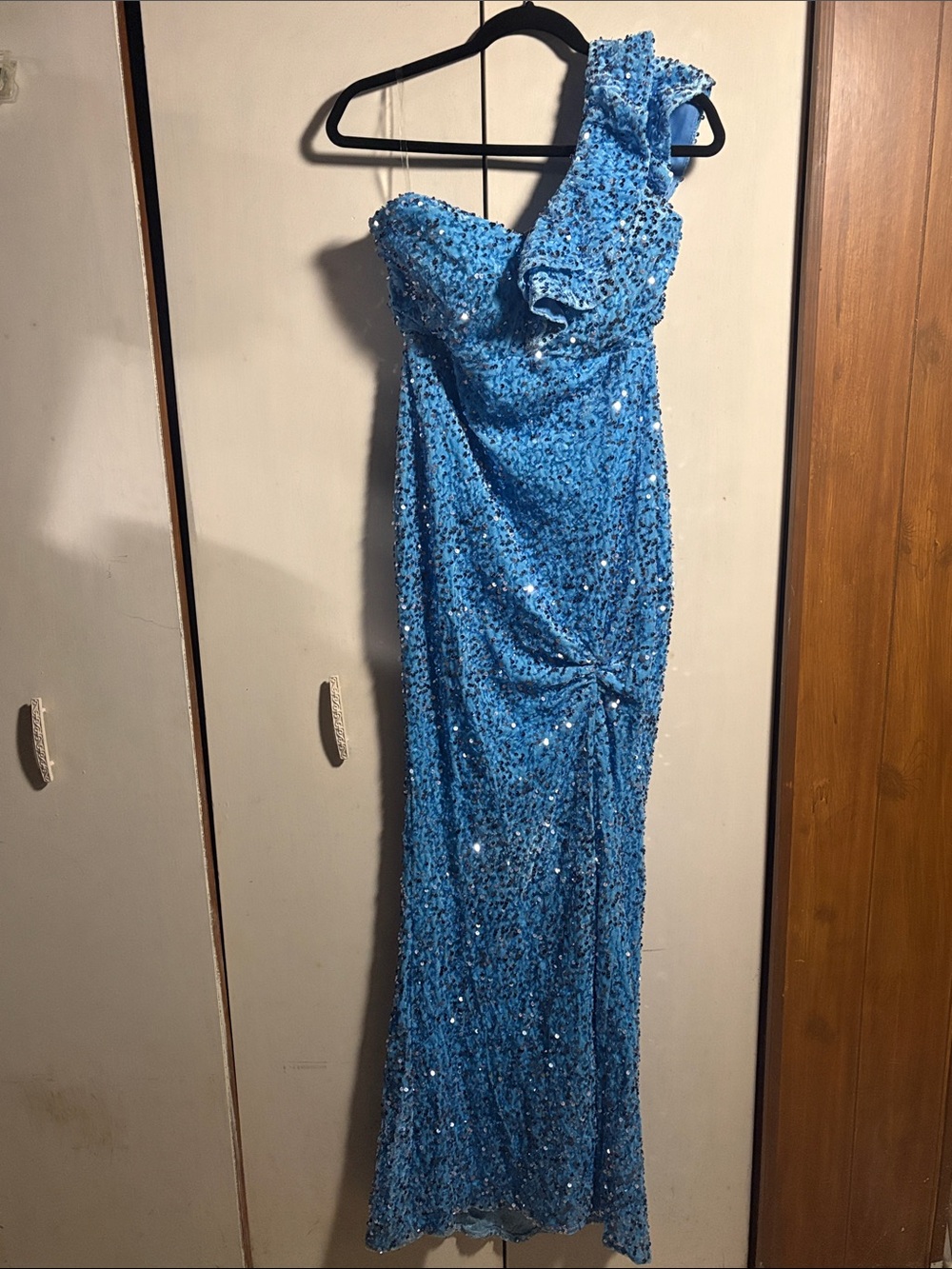 Sequined One-Shoulder Evening Gown in Bright Blue